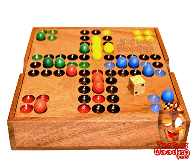 Ludjamgo dice game in wooden box with wooden balls Monkey pod wooden games Thailand